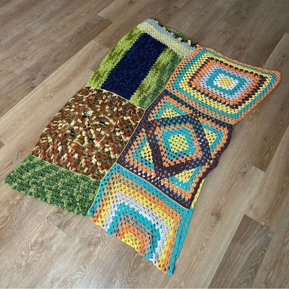 Large Handmade Granny Long Crochet Boho Multicolor Throw Blanket